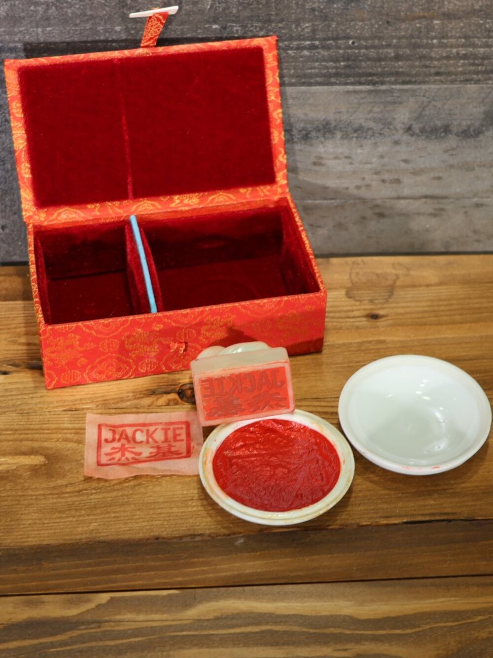 Vintage Chinese Ink and Stamp Set Carved Soapstone Rooster Personalized "JACKIE" - Picture 2 of 6